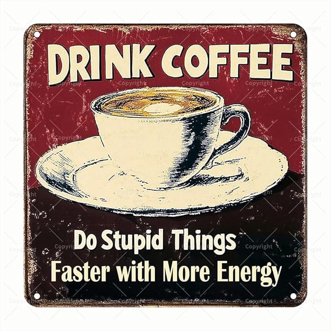 Square Tin Sign Vintage - "Drink Coffee: Do Stupid Things Faster with More Energy" Funny Coffee Lover’s Wall Art - Retro Square Metal Sign for Kitchen, Cafe, or Office - Great Gift for Drink Enthusiasts