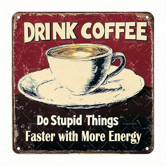Square Tin Sign Vintage - "Drink Coffee: Do Stupid Things Faster with More Energy" Funny Coffee Lover’s Wall Art - Retro Square Metal Sign for Kitchen, Cafe, or Office - Great Gift for Drink Enthusiasts