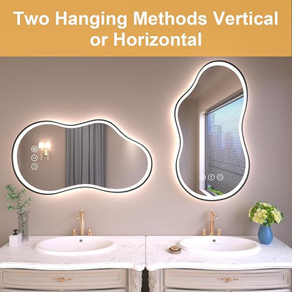 WTTY LED Irregular Bathroom Mirror 24x36 Inch with Front & Back Lights - Asymmetrical Design, Anti-Fog, Dimmable 3 Color Temperatures, Shatterproof Glass, Horizontal or Vertical Mount (Black Frame)