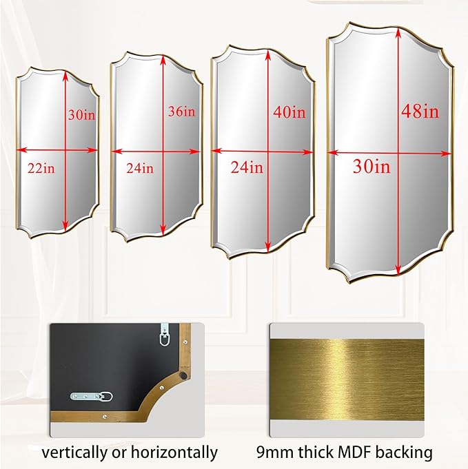 POZINO Scalloped Beveled Mirror, 30"x48" Brushed Gold Rectangle Bathroom Vanity Mirrors, Modern Irregular Wavy Wall Mirror for Living Room Bedroom Fireplace Entryway, Horizontal/Vertical Hanging