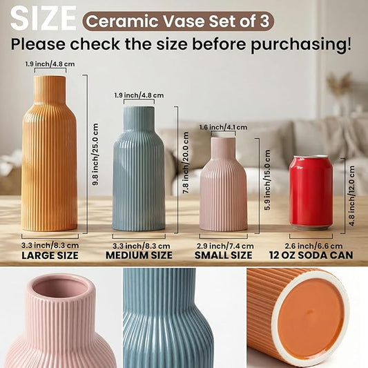Colorful Ceramic Vases Set of 3, Smooth Round Vertical Ribbed,Minimalist for Pampas Dried & Fresh Flowers, Centerpiece for Living Room, Shelf, Entryway, Wedding(Pink, Blue, Orange)
