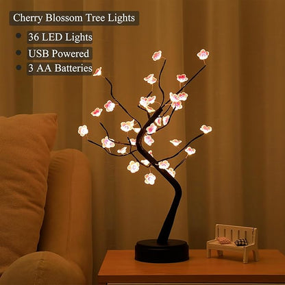 PXBNIUYA 36 LED Cherry Blossom Sparkly Fairy Spirit Tree Lights, Twinkling Tree 3AA&USB Powered, Tabletop DIY Artificial Tree Lamp for Bedroom Christmas Indoor Room Decor Lights (Warm White)
