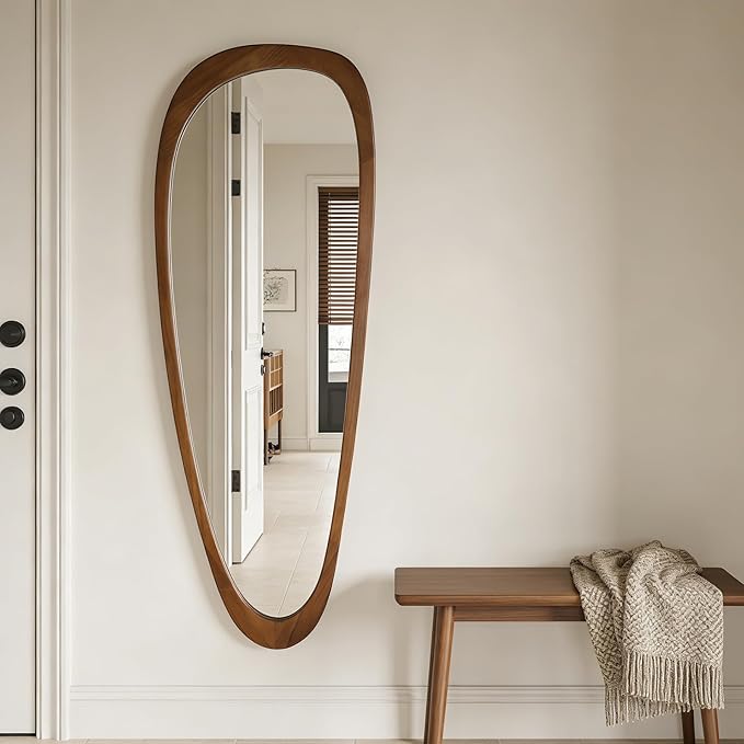 Ruomeng Full Length Irregular Wall Mirror, 60 x 22 Inch Wooden Mirror, Boho Large Decorative Asymmetrical Mirror for Bathroom, Living Room, Bedroom, Entryway, Farmhouse, Tempered Glass, Shatterproof