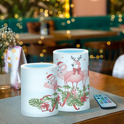 ALAZA Pink Flamingo Merry Christmas Happy New Year Flickering Flameless Candles Battery Operated with Remote Timer,Tea Light Candles LED Pillar Votive Candles Set of 2 for Outdoor Indoor Decorations