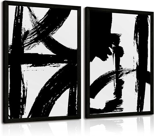Black and White Wall Art Abstract Modern Painting Minimalist Line Canvas Wall Art Decor Black And White Poster Abstract Artwork Prints for Living Room Bedroom 16x24 Inch Wood Framed Set of 2