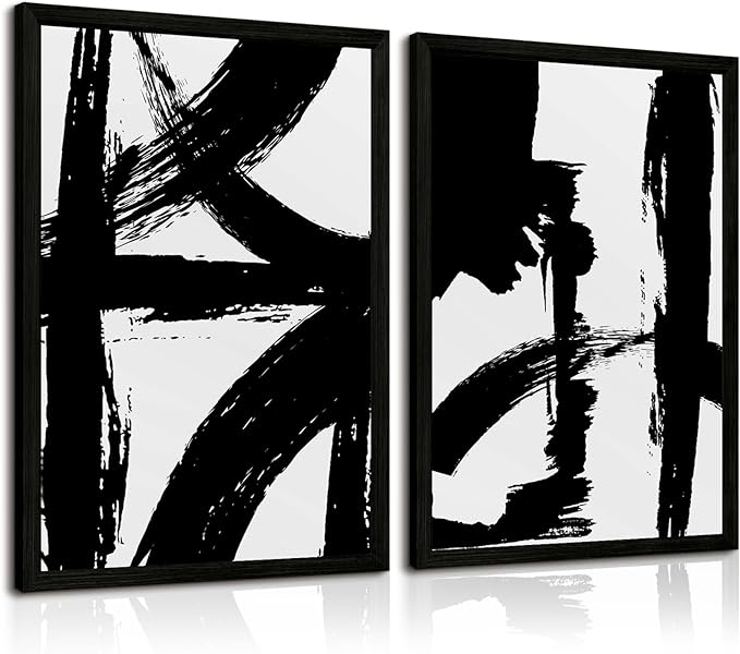 Black and White Wall Art Abstract Modern Painting Minimalist Line Canvas Wall Art Decor Black And White Poster Abstract Artwork Prints for Living Room Bedroom 24x36 Inch Wood Framed Set of 2