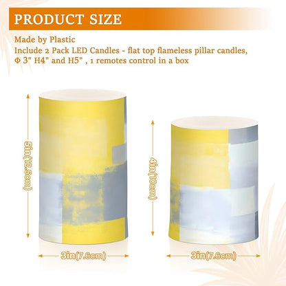 ALAZA Grey and Yellow Abstract Art Painting Flickering Flameless Candles Battery Operated with Remote Timer,Tea Light Candles LED Pillar Votive Candles Set of 2 for Outdoor Indoor Decorations