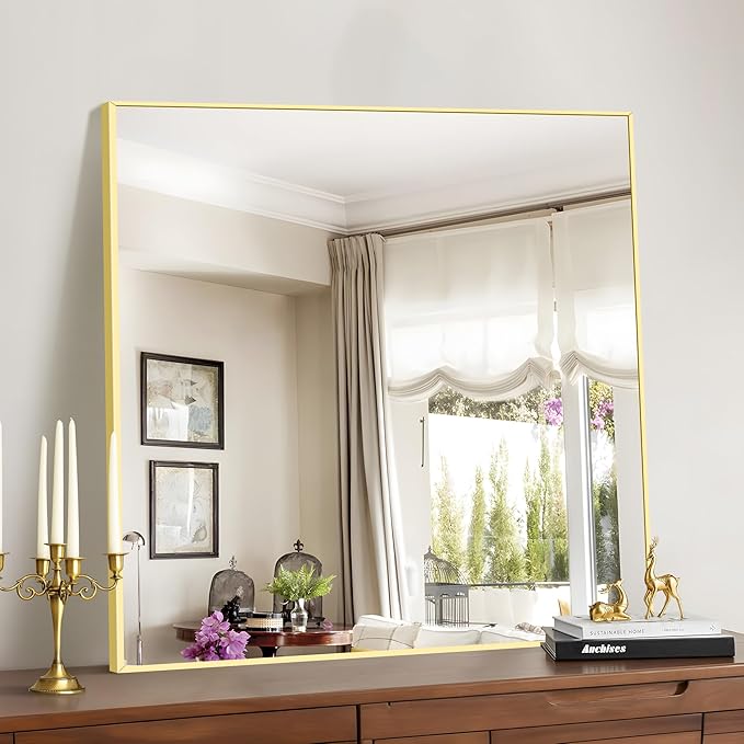 COFENY Gold Bathroom Mirror for Wall, 30x30 Inch Rectangle Mirrors with Metal Frame, Modern Vanity Wall Mirror Decor for Bathroom Living Room, Entryway Hangs Horizontal or Vertical
