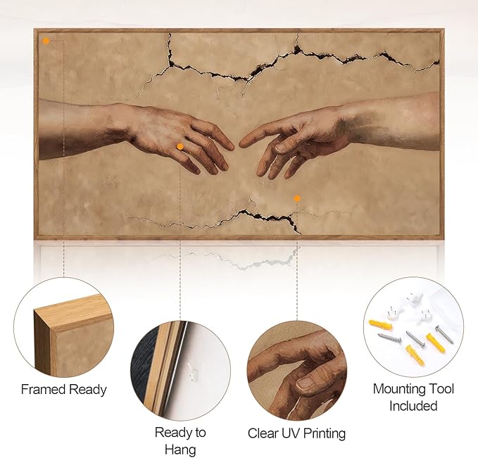 Aurlan The Creation of Adam Framed Wall Art(40"x20"), Large Christian Religious Hands of God Canvas Artwork, Classic Earth Tone Michelanglo Graffiti Street Art Decor for Home Office Bedroom