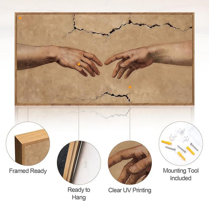 Aurlan The Creation of Adam Framed Wall Art(40"x20"), Large Christian Religious Hands of God Canvas Artwork, Classic Earth Tone Michelanglo Graffiti Street Art Decor for Home Office Bedroom