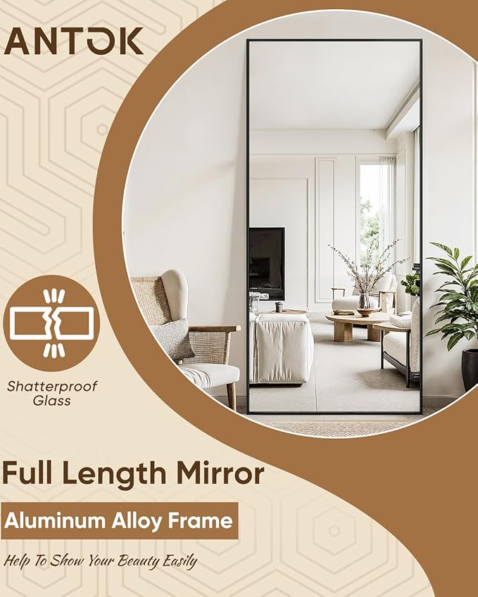 Antok 71''x32'' Full Length Mirror, Shatterproof HD Oversized Floor Mirror with Stand, Aluminum Alloy Frame Leaning Standing or Wall Mounted Mirror for Bedroom Living Room Entryway, Black