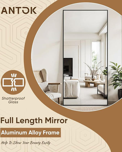 Antok 71''x32'' Full Length Mirror, Shatterproof HD Oversized Floor Mirror with Stand, Aluminum Alloy Frame Leaning Standing or Wall Mounted Mirror for Bedroom Living Room Entryway, Black
