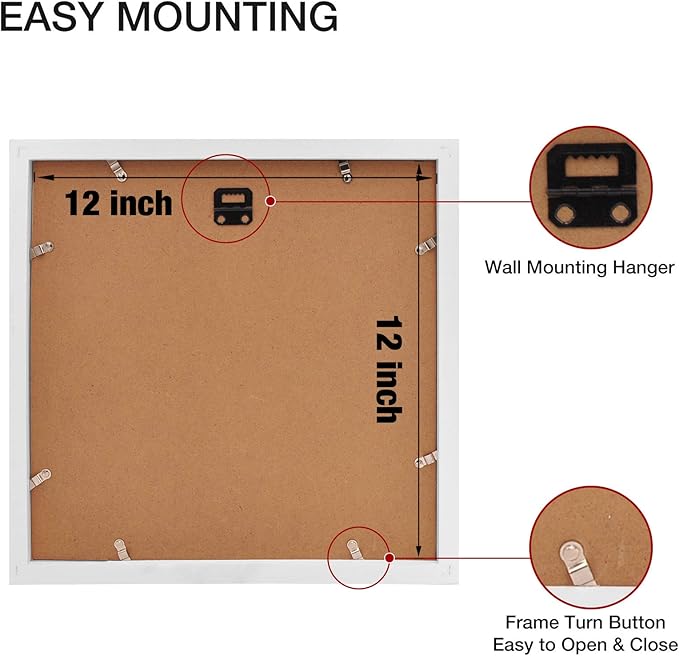 Egofine 12x12 Picture Frames White, Wood Frames with HD Plexiglass for Pictures 8x8 with Mat or 12x12 without Mat, Wall Mounting Display, Set of 4