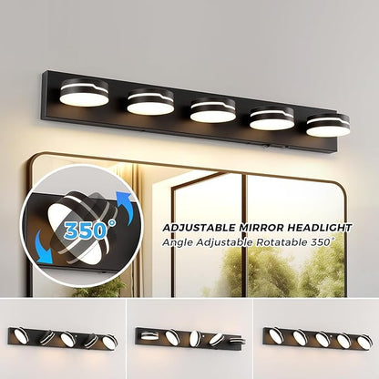 32" Motion Sensor Vanity Light, Matte Black 3CCT 5-Light Modern LED Bathroom Lighting Fixtures Over Mirror, Rotatable Head, Dimmable 3000K-6000K Color Changing Wall Sconce