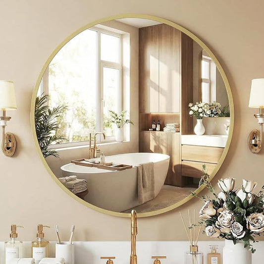 NEWBULIG 30 Inch Round Wall Mirror, Bathroom Mirror for Over Sink, Matte Metal Framed Circle Vanity Mirror, Wall Decor for Bedroom, Anti-Rust, Tempered Glass, Hanging or Leaning, Classic Gold