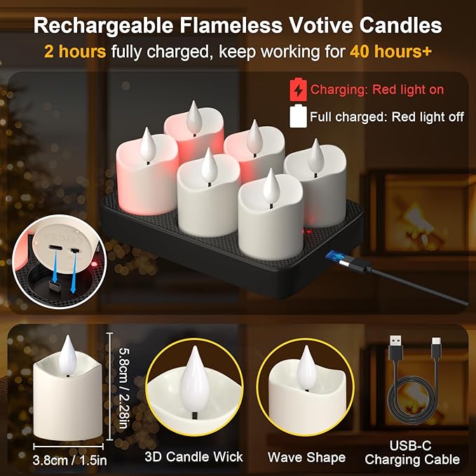 PChero Rechargeable Flameless Candles with Remote Timer & Charging Base, 6 Pack Votive Candles Battery Operated Tea Lights Flickering, LED Tealights for Home Wedding Halloween Fall Christmas Decor