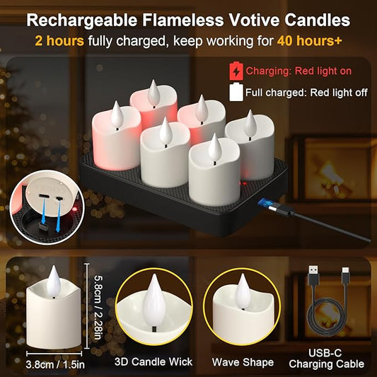 PChero Rechargeable Flameless Candles with Remote Timer & Charging Base, 6 Pack Votive Candles Battery Operated Tea Lights Flickering, LED Tealights for Home Wedding Halloween Fall Christmas Decor