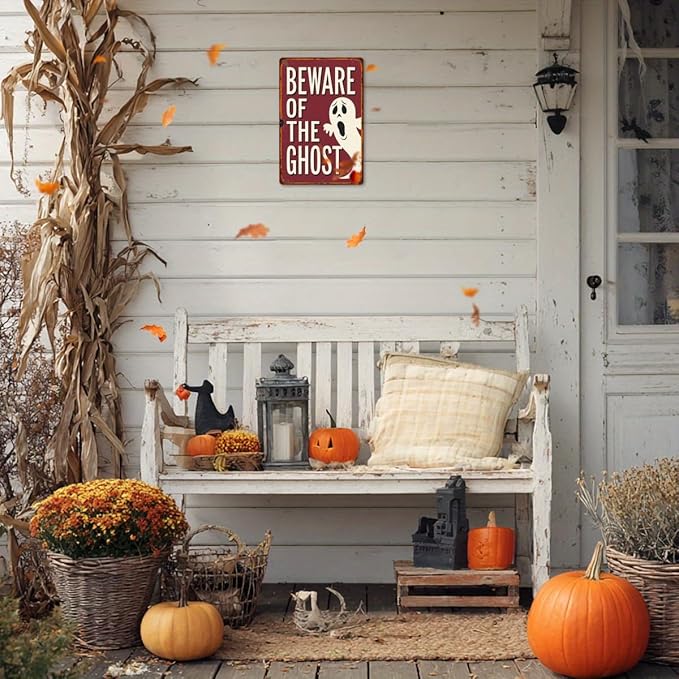 Beware of the Ghost Halloween Metal Tin Sign Vintage Rustic Wall Decor for Halloween Parties Haunted Houses Man Caves and Entryways Decorative Signs Metal Poster 8x12 Inch