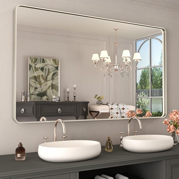 WEER 50X30 Inch Brushed Nickel Bathroom Mirror, Brushed Silver Metal Frame Mirror, Rounded Rectangle Silver Bathroom Vanity Mirror, Tempered Glass, Anti-Rust, Hangs Horizontally or Vertically