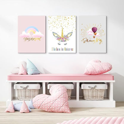 3 Pieces Unicorn Decor for Girls Room Princess Room Decor Rainbow Pink Toddler Girl Room Decor Canvas Prints Motivational Colorful Hot Air Balloon Cartoon Unicorns Framed Pictures for Teen Girl Women Nursery Bathroom Decor 12"x16"(30x40cm)