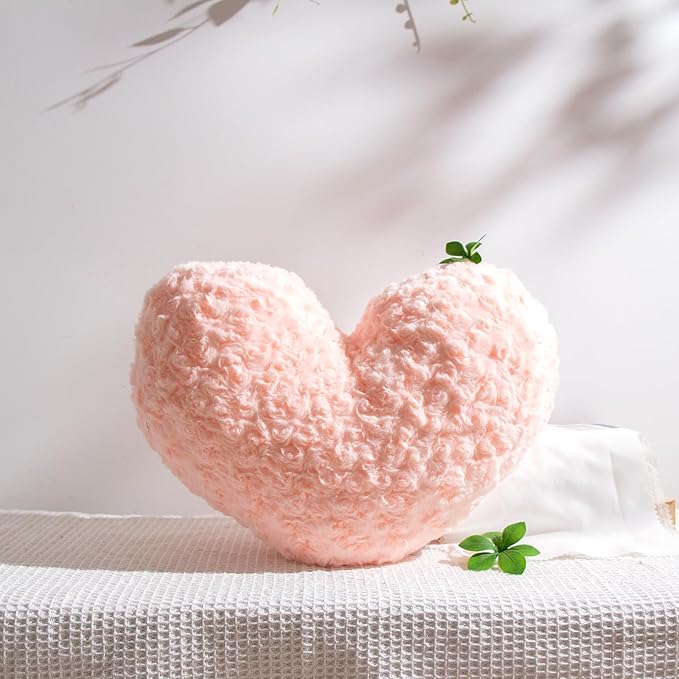 16" Blush Nude Heart Pillow, Luxury 600GSM Rose Textured Faux Rabbit Fur, Soft Apricot Aesthetic Decorative Throw Pillow for Couch Bed, Healing Neutral Pink Heart Cushion Decor