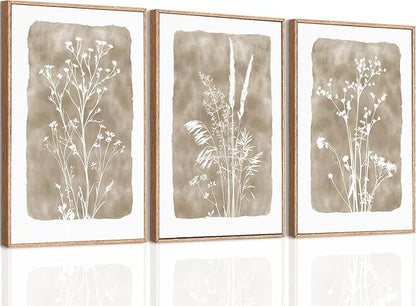 ANHUIB Beige Floral Canvas Wall Art Neutral Botanical Wall Decor 12x16 Inch Set of 3 for Living Room Bedroom Bathroom