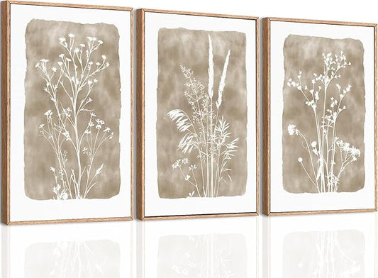 ANHUIB Beige Floral Canvas Wall Art Neutral Botanical Wall Decor 12x16 Inch Set of 3 for Living Room Bedroom Bathroom