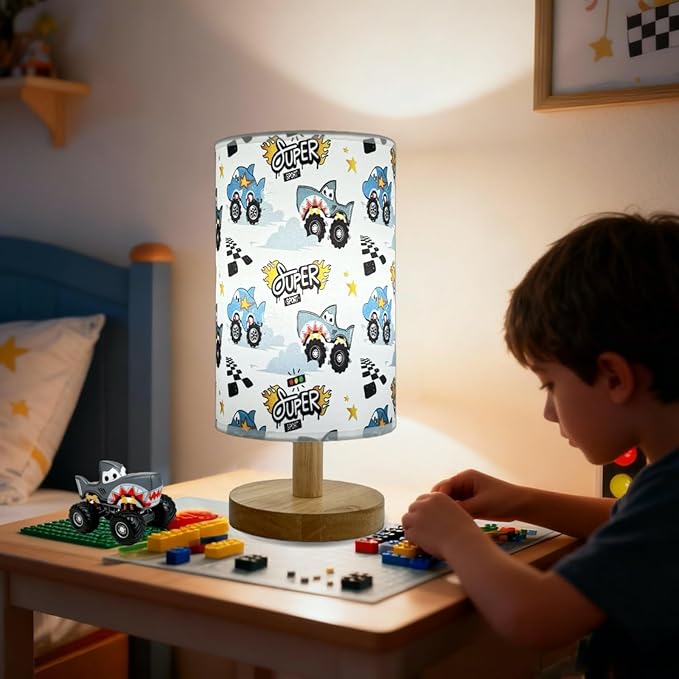 Shark Night Light Lamp for Boys Bedroom - 3-Way Dimmable Nursery Lamp with Wood Base & Linen Shade, Boho Kids Room Decor, Safe Baby Gift for Boys, Toddlers,Nursery, Teens