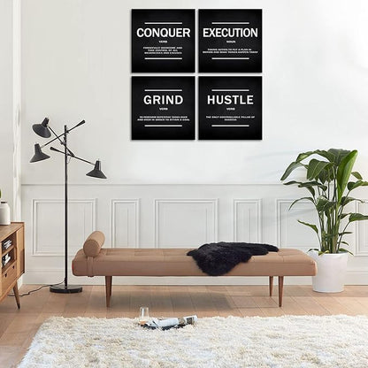 KAWAHONE Grind Hustle Execution Quotes Framed Wall Art,Success Canvas Print Office Decor Inspiring Framed Prints Inspirational Quotes for Wall Art Decoration Ready to Hang(4pcs)