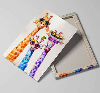 12x16 Graffiti Giraffe Family Canvas Wall Art, Colorful Framed Animal Prints with Sunglasses & Balloon, Funny Lovely Artwork for Kids, Teen Boys Girls, Nursery Bedroom & Living Room Home Decor
