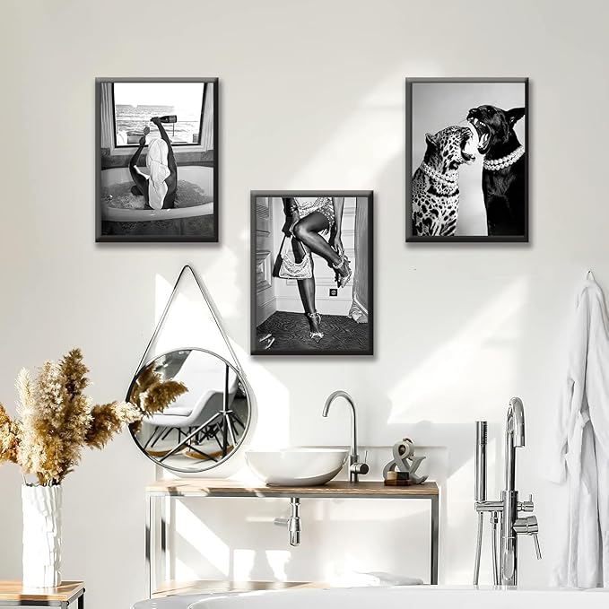 3 Pcs Fashion Leopard Print Canvas Wall Paintings Funny Woman Drinking In Bathtub Paintings Print Black And White Photography Beautiful Chic Woman Preppy Postesr For Bedroom Hallway 24×16 Inch Unframed
