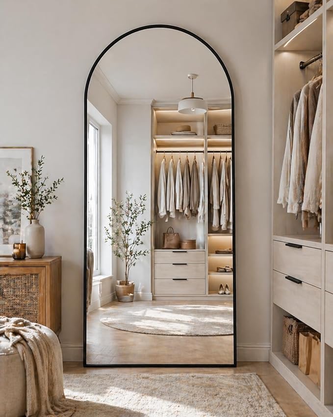 Full Length Mirror, 71"x28" Arched Floor Mirror Freestanding, Floor Standing Full Body Mirror with Stand for Bedroom, Hanging Mounted for Living Room Cloakroom, Black