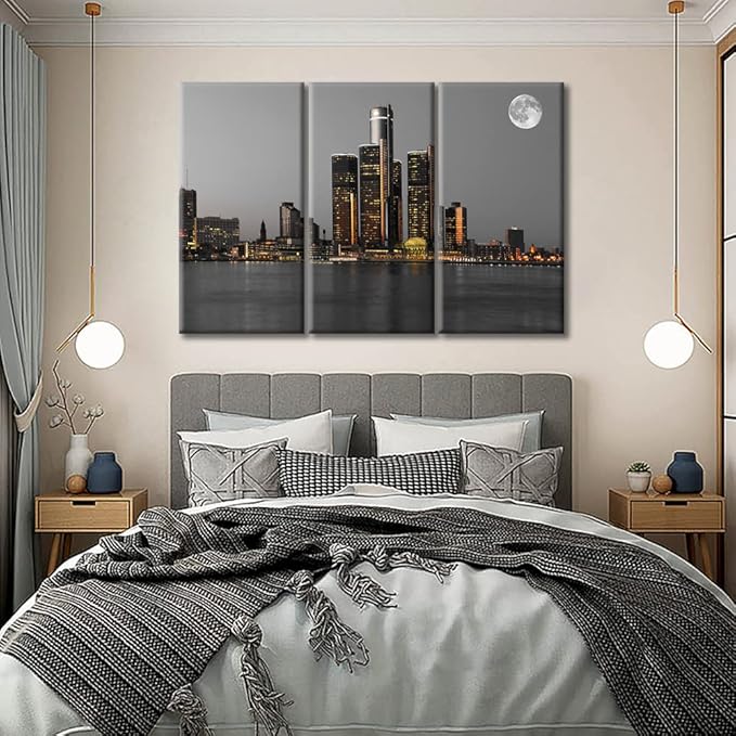 TUMOVO Wall Decor Detroit Downtown Skyline Wall Art Beautiful City Skyline Pictures Wall Decor for Living Room 3 Piece Skyscrapers Contemporary Home Decor Framed Ready to Hang (60" Wx40 H)