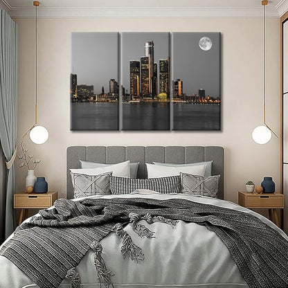 TUMOVO Wall Decor Detroit Downtown Skyline Wall Art Beautiful City Skyline Pictures Wall Decor for Living Room 3 Piece Skyscrapers Contemporary Home Decor Framed Ready to Hang (60" Wx40 H)