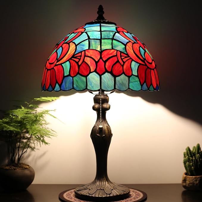 Tiffany Lamp Stained Glass Table Lamp Bedside Reading Lamp 12 x 19” Lotus Style Decorative Lamp for Desk Living Room Bedroom Study Office Light Home Decor Ambient Gift
