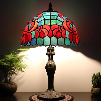 Tiffany Lamp Stained Glass Table Lamp Bedside Reading Lamp 12 x 19” Lotus Style Decorative Lamp for Desk Living Room Bedroom Study Office Light Home Decor Ambient Gift