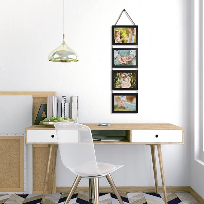 Lavezee 5x7 Hanging Collage Picture Frames Set of 2, Black 8 Opening Horizontal Frame Made to Display 5 x 7 Inch Photo for Wall Decor
