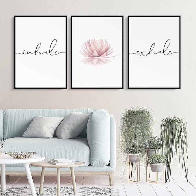 Pennclys Inhale Exhale Wall Art Zen Canvas Decor Yoga Lotus Wall Art Calming Meditation Artwork Pink Yoga Poster Zen Pictures Painting for Living Room Bedroom 16x24 Inch Framed Set of 3