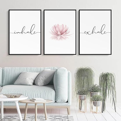 Pennclys Inhale Exhale Wall Art Zen Canvas Decor Yoga Lotus Wall Art Calming Meditation Artwork Pink Yoga Poster Zen Pictures Painting for Living Room Bedroom 16x24 Inch Framed Set of 3