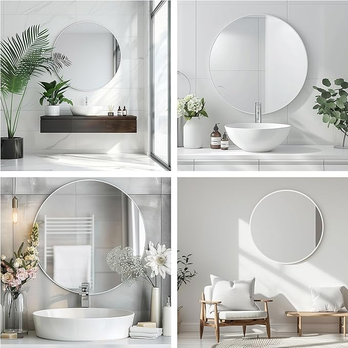 White Round Mirror, 20 Inch White Circle Mirror, Metal Frame Round Wall Mounted Mirrors for Bathroom, Living Room, Bedroom, Entryway, Vanity