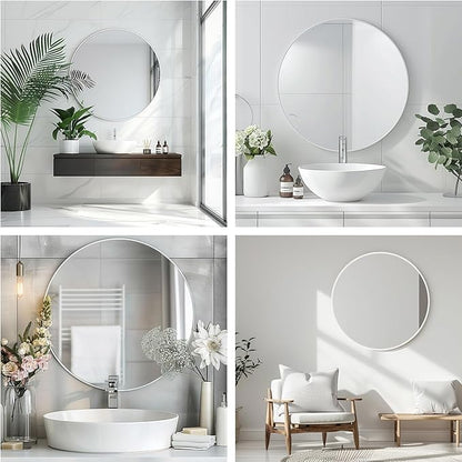 White Round Mirror, 20 Inch White Circle Mirror, Metal Frame Round Wall Mounted Mirrors for Bathroom, Living Room, Bedroom, Entryway, Vanity