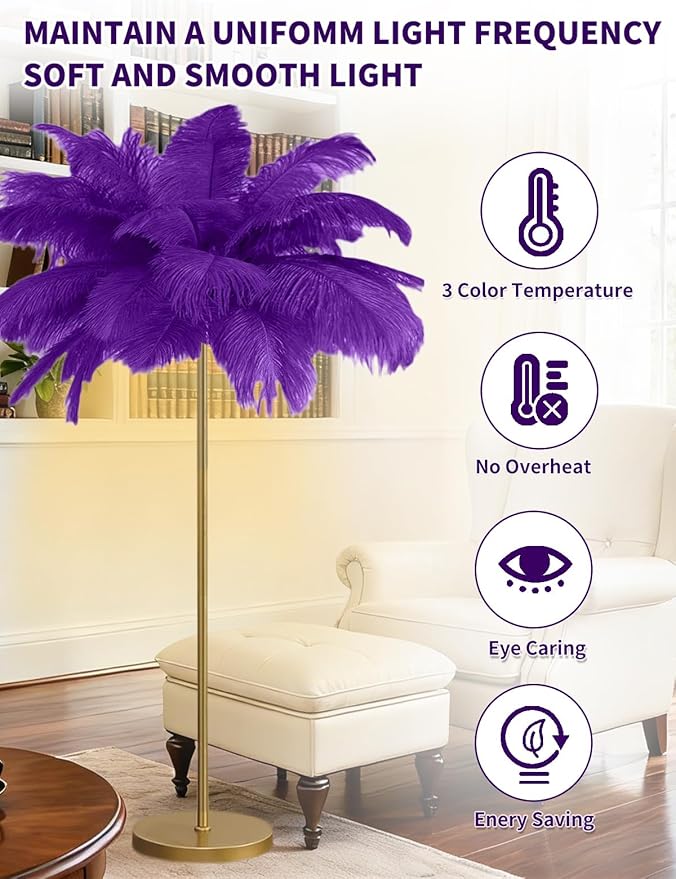 Feather Floor Lamp,Fluffy Ostrich Feather Floor Lamp for Bedroom,3 Color Temperatures Led Corner Modern Floor Lamps for Living Room Christmas Home Decor House Warming Gifts,63″ Height (Deep Purple)