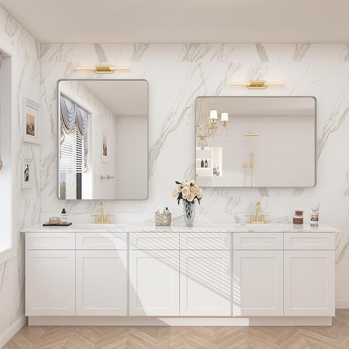 2 Pack of 24x36 Inch Silver Brushed Nickel Bathroom Mirror for Wall, Rounded Rectangle Silver Framed Bathroom Vanity Mirror, Anti-Rust, Shatterproof, Hangs Horizontally or Vertically