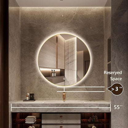 36" Round LED Bathroom Mirror, Wall Mounted Round Backlit Mirror LED Bathroom Vanity Mirror with Light Fog Free Circle Lighted Mirror with Shiny Gold Frame, Smart Light up Mirror 3-Color