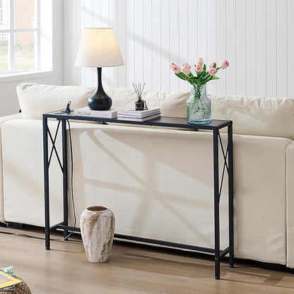 Gewudraw 41.8" Console Table, Narrow Behind The Couch Table with Outlet, Industrial Skinny Stand for Hallway, Entryway, Living Room, Bedroom, 6.5 Feet Power Cord,Rustic Brown