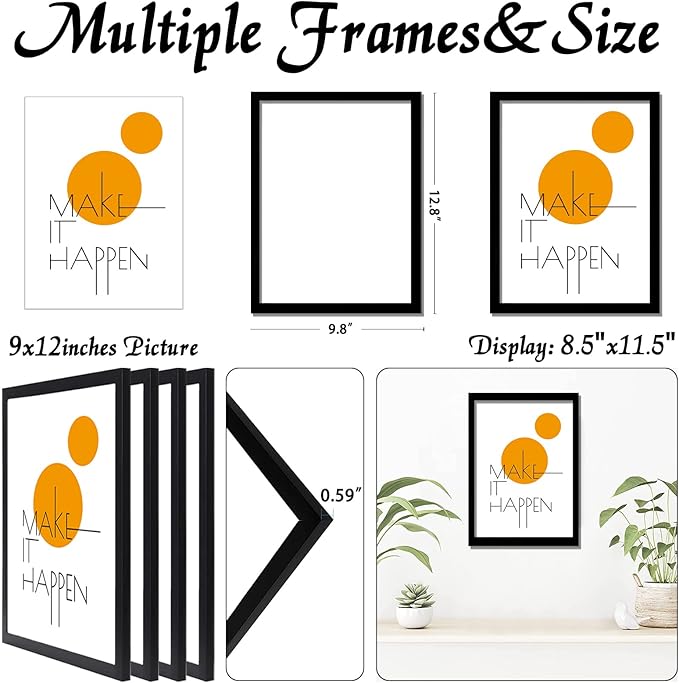 9x12 Picture Frame Set of 4, Black 9 x 12 Frame High Transparent Wall Gallery Poster Canvas Photo Frames for 9 by 12 inches