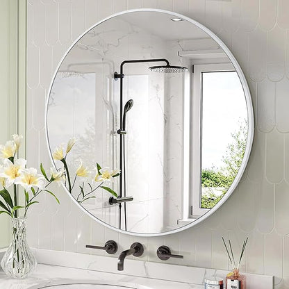 White Round Mirror 26 Inch, Circle Wall Mirrors with Tempered Glass for Bathroom, Bedroom Living Room or Entryway