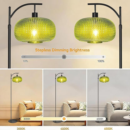 Floor Lamp for Living Room with Green Glass Shade, Modern Standing Lamp with Remote Control, Black Dimmable Tall Lamp for Bedroom Office with 12W LED Bulb