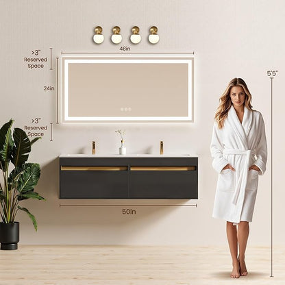 48X24 LED Bathroom Mirror with Lights, Anti-Fog, Backlit + Front Lit (CRI>90), Lighted Bathroom Vanity Mirror for Wall, Memory Function, Dimmable, Tempered Glass, Shatter-Proof