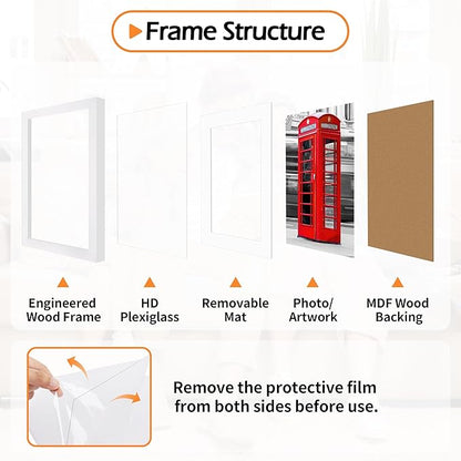 8.5x11 Picture Frame Set of 8, White Photo Frames for Gallery Wall Mounting, Display Pictures 6x8 with Mat or 8.5 by 11 Without, Certificate Frame with Plexiglass for Home Office Wall Decor